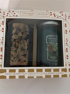 Yankee Candle Balsam & Cedar Set 12 Oz  Pillar Candle  Metal Pillar Sleeve NIB